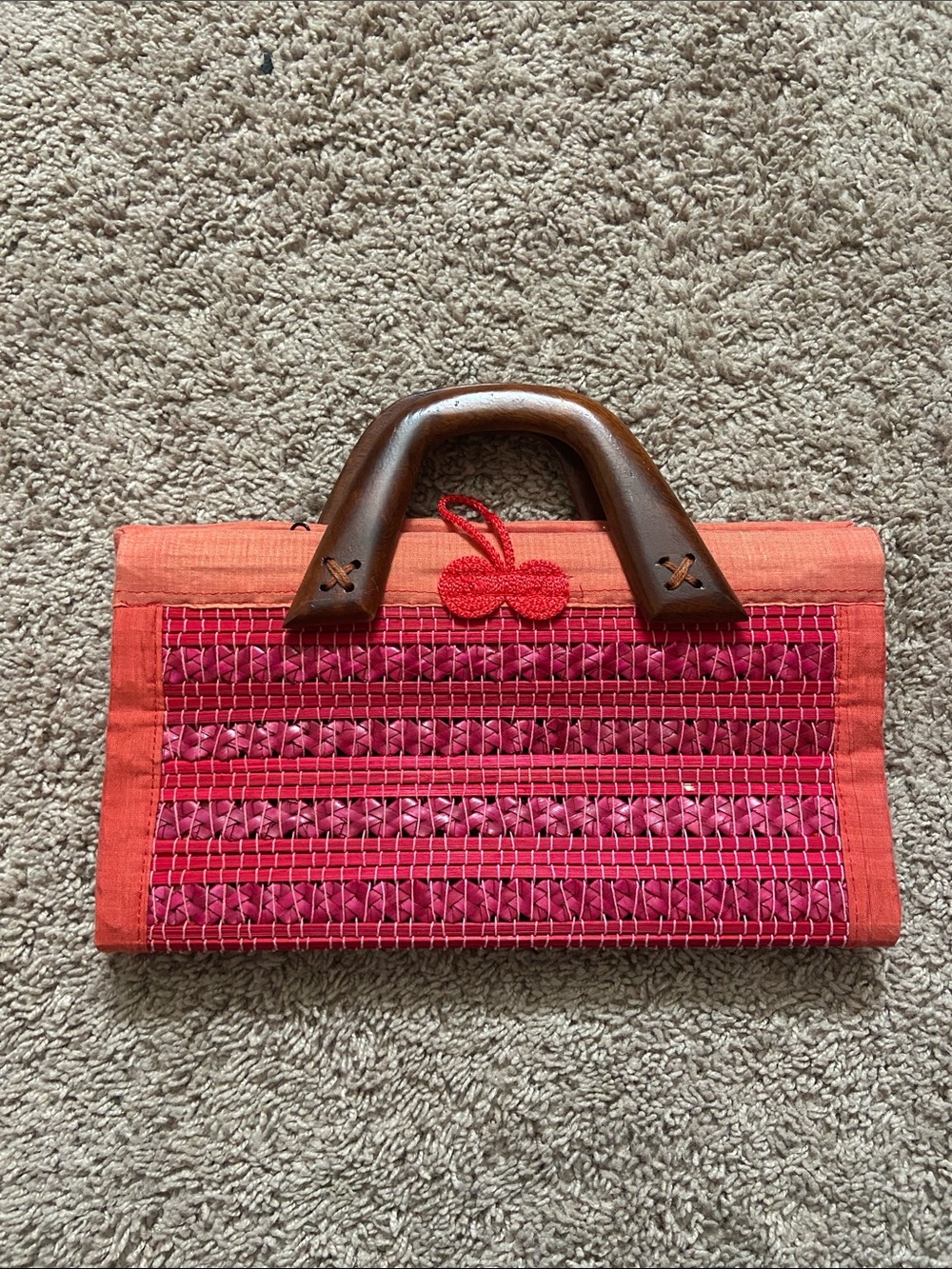 Red/Pink Woven Accent Handbag with Wooden Handles